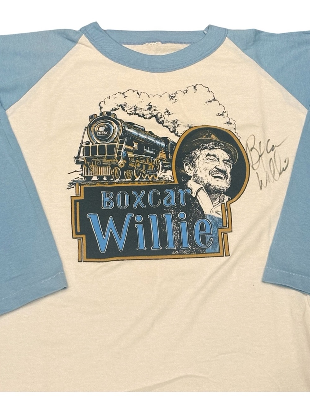 Boxcar Willie Graphic Raglan Baseball Tee - Light Blue & Cream